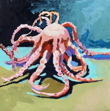 Painting titled "Pink octopus." by Vita Schagen, Original Artwork, Oil Mounted on Cardboard