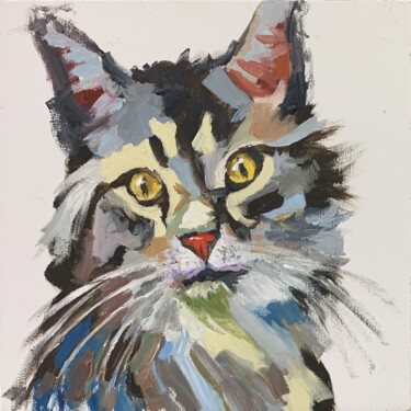 Painting titled "Cat." by Vita Schagen, Original Artwork, Oil Mounted on Cardboard