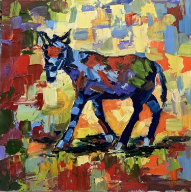 Painting titled "Rainbow donkey." by Vita Schagen, Original Artwork, Oil Mounted on Cardboard