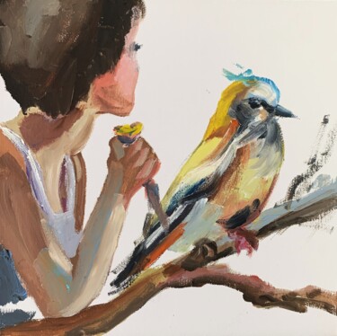 Painting titled "Woman and a bird" by Vita Schagen, Original Artwork, Oil Mounted on Cardboard