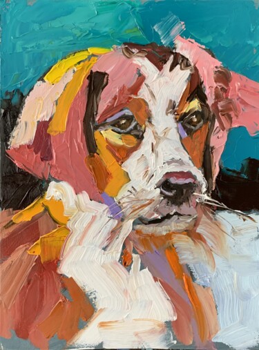 Painting titled "Spaniel puppy, dog." by Vita Schagen, Original Artwork, Oil Mounted on Cardboard