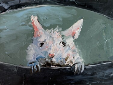 Painting titled "White mouse" by Vita Schagen, Original Artwork, Oil Mounted on Cardboard