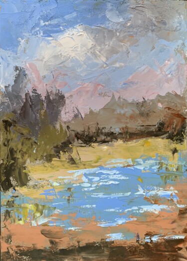 Painting titled "Landscape with lake…" by Vita Schagen, Original Artwork, Oil Mounted on Cardboard