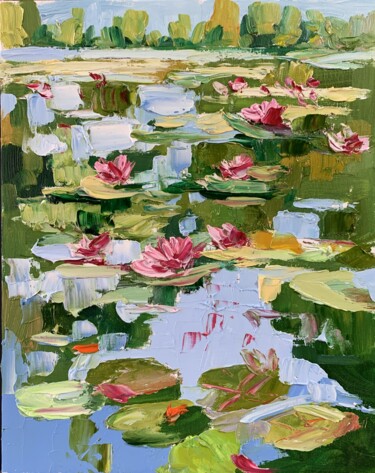 Painting titled "Water Lilies pond l…" by Vita Schagen, Original Artwork, Oil Mounted on Cardboard