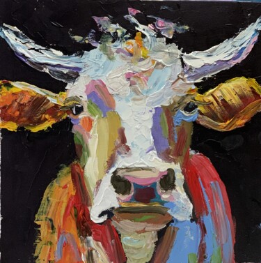 Painting titled "Cow on black." by Vita Schagen, Original Artwork, Oil Mounted on Cardboard