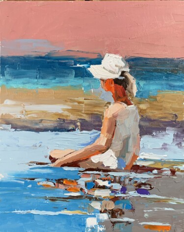 Painting titled "Girl on the beach" by Vita Schagen, Original Artwork, Oil Mounted on Cardboard