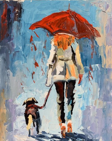 Painting titled "Woman with umbrella." by Vita Schagen, Original Artwork, Oil Mounted on Cardboard