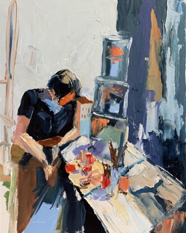 Painting titled "Working from home." by Vita Schagen, Original Artwork, Oil Mounted on Cardboard