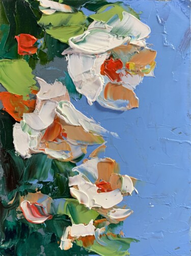 Painting titled "White wild flowers." by Vita Schagen, Original Artwork, Oil Mounted on Cardboard