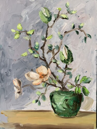 Painting titled "Flower in a green p…" by Vita Schagen, Original Artwork, Oil Mounted on Cardboard