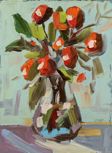 Painting titled "Red olives." by Vita Schagen, Original Artwork, Oil Mounted on Cardboard
