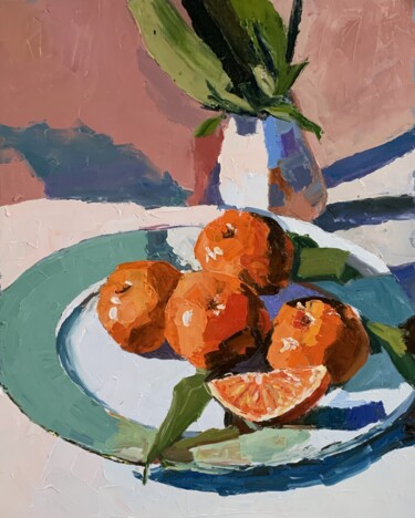 Painting titled "Tangerines. Still l…" by Vita Schagen, Original Artwork, Oil Mounted on Wood Stretcher frame