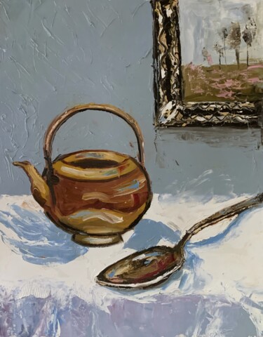 Painting titled "Tea time." by Vita Schagen, Original Artwork, Oil Mounted on Wood Stretcher frame