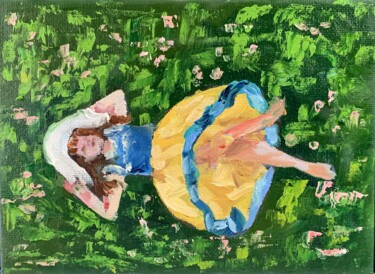Painting titled "Girl on a meadow" by Vita Schagen, Original Artwork, Oil Mounted on Wood Stretcher frame
