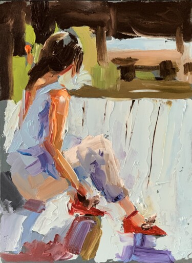Painting titled "Woman by the lake." by Vita Schagen, Original Artwork, Oil Mounted on Cardboard