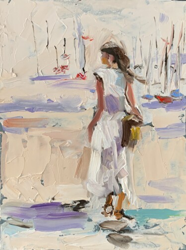 Painting titled "Woman by the sea" by Vita Schagen, Original Artwork, Oil Mounted on Cardboard