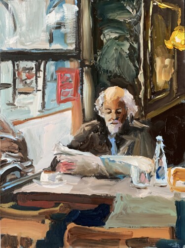 Painting titled "Man in a cafe.2" by Vita Schagen, Original Artwork, Oil Mounted on Cardboard