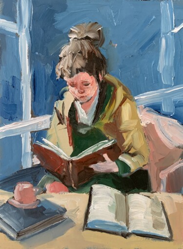 Painting titled "Reading a book." by Vita Schagen, Original Artwork, Oil Mounted on Cardboard