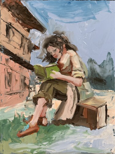 Painting titled "Reading a book. #2" by Vita Schagen, Original Artwork, Oil Mounted on Cardboard