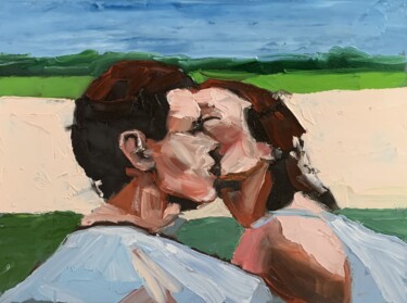 Painting titled "Romantic kiss." by Vita Schagen, Original Artwork, Oil Mounted on Cardboard