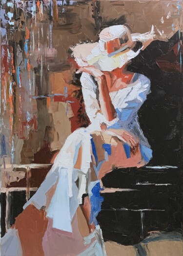 Painting titled "Woman in a white ha…" by Vita Schagen, Original Artwork, Oil Mounted on Wood Stretcher frame