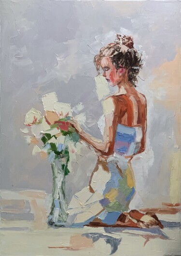 Painting titled "Woman with flowers." by Vita Schagen, Original Artwork, Oil Mounted on Wood Stretcher frame