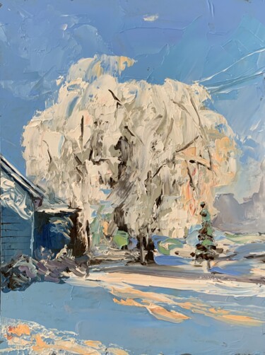 Painting titled "Winter landscape." by Vita Schagen, Original Artwork, Oil Mounted on Cardboard
