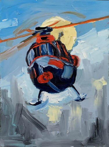 Schilderij getiteld "Helicopter." door Vita Schagen, Origineel Kunstwerk, Olie Gemonteerd op Karton