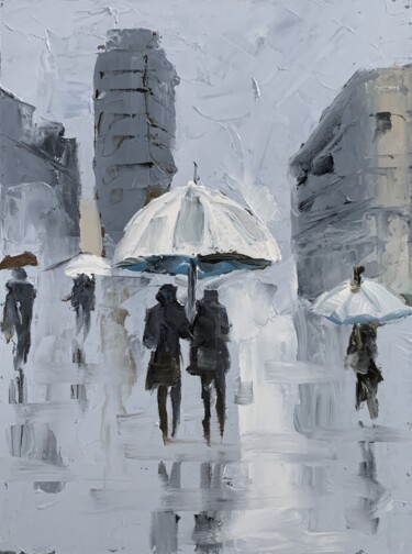 Painting titled "Rainy city. People…" by Vita Schagen, Original Artwork, Oil Mounted on Cardboard