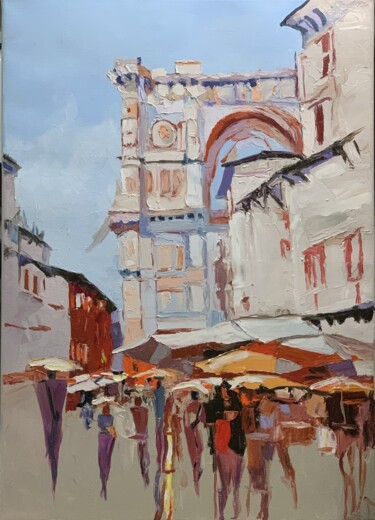 Painting titled "European city.#3" by Vita Schagen, Original Artwork, Oil Mounted on Wood Stretcher frame