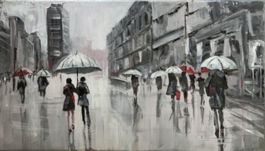 Painting titled "Rainy city. People…" by Vita Schagen, Original Artwork, Acrylic Mounted on Wood Stretcher frame