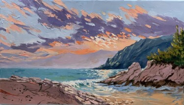 Painting titled "Sunset. Seascape." by Vita Schagen, Original Artwork, Oil Mounted on Wood Stretcher frame