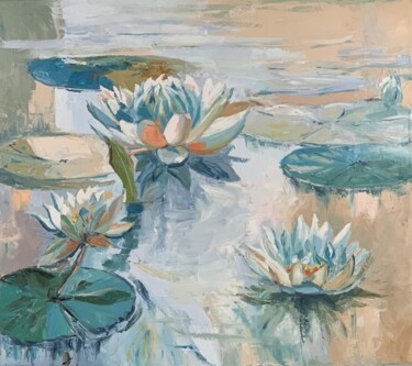 Painting titled "POND WITH WATER LIL…" by Vita Schagen, Original Artwork, Oil Mounted on Wood Stretcher frame