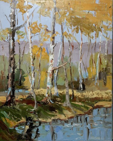 Painting titled "A Bend in the Birch…" by Vita Schagen, Original Artwork, Oil Mounted on Wood Stretcher frame