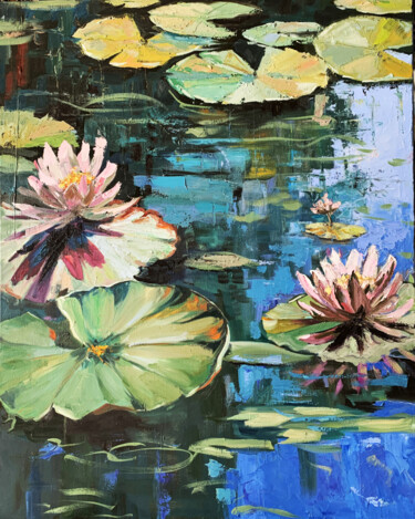 Painting titled "Water Lilly pond La…" by Vita Schagen, Original Artwork, Oil Mounted on Wood Stretcher frame