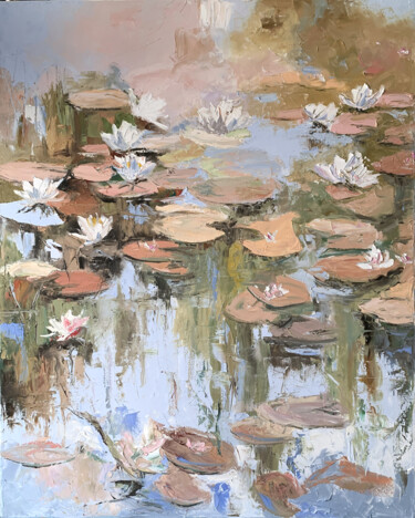 Painting titled "Water Lilly pond La…" by Vita Schagen, Original Artwork, Oil Mounted on Wood Stretcher frame