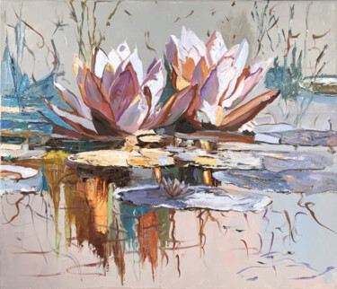 Painting titled "Water Lilly pond." by Vita Schagen, Original Artwork, Oil Mounted on Wood Stretcher frame