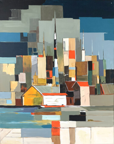 Painting titled "Future city. Abstra…" by Vita Schagen, Original Artwork, Acrylic Mounted on Wood Stretcher frame