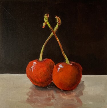 Painting titled "Red cherries. Still…" by Vita Schagen, Original Artwork, Acrylic Mounted on Cardboard