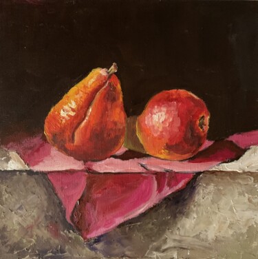 Painting titled "Red pears." by Vita Schagen, Original Artwork, Oil Mounted on Cardboard