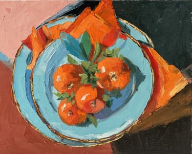 Painting titled "Mandarins. Still li…" by Vita Schagen, Original Artwork, Oil Mounted on Cardboard
