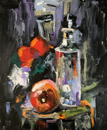 Painting titled "Still life on black…" by Vita Schagen, Original Artwork, Oil Mounted on Wood Stretcher frame