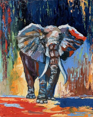 Painting titled "Elephant.#4" by Vita Schagen, Original Artwork, Oil Mounted on Cardboard