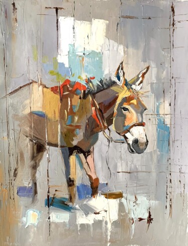 Painting titled "Little donkey." by Vita Schagen, Original Artwork, Oil Mounted on Wood Stretcher frame