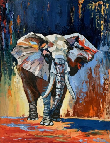 Painting titled "Elephant.#5" by Vita Schagen, Original Artwork, Oil Mounted on Wood Stretcher frame