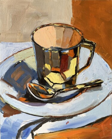 Painting titled "Gold tea cup." by Vita Schagen, Original Artwork, Oil Mounted on Cardboard