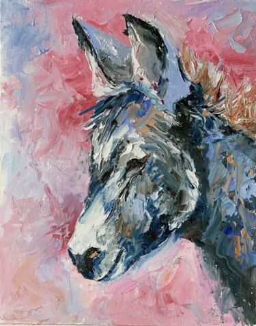 Painting titled "Little donkey.#5" by Vita Schagen, Original Artwork, Oil Mounted on Cardboard