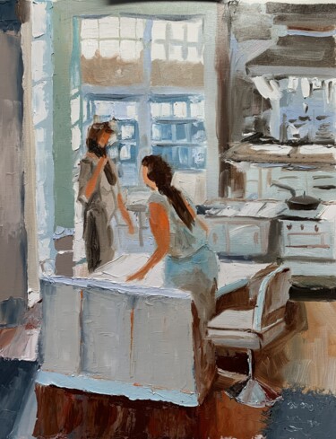 Painting titled "Chatting in a kitch…" by Vita Schagen, Original Artwork, Oil Mounted on Wood Stretcher frame