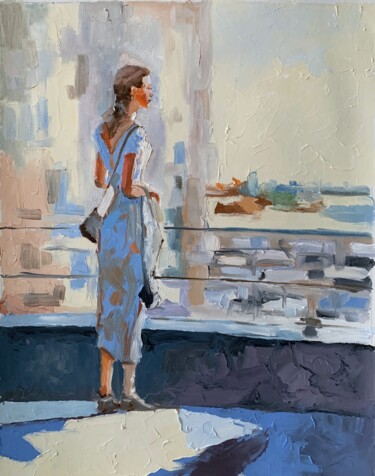 Painting titled "A woman in the city…" by Vita Schagen, Original Artwork, Oil Mounted on Wood Stretcher frame
