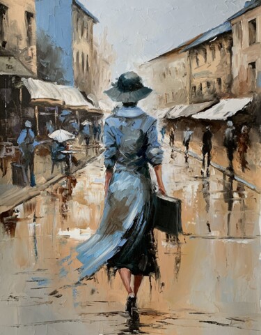 Painting titled "Woman in a city." by Vita Schagen, Original Artwork, Oil Mounted on Wood Stretcher frame
